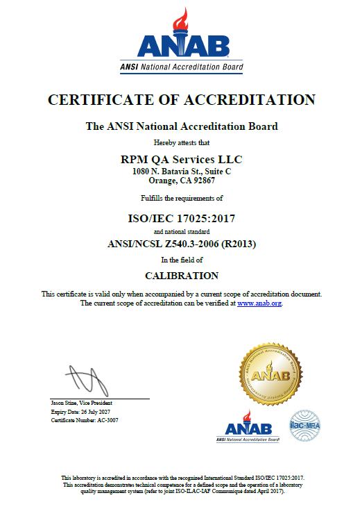 ANAB certificate of accreditation for RPM QA Services LLC