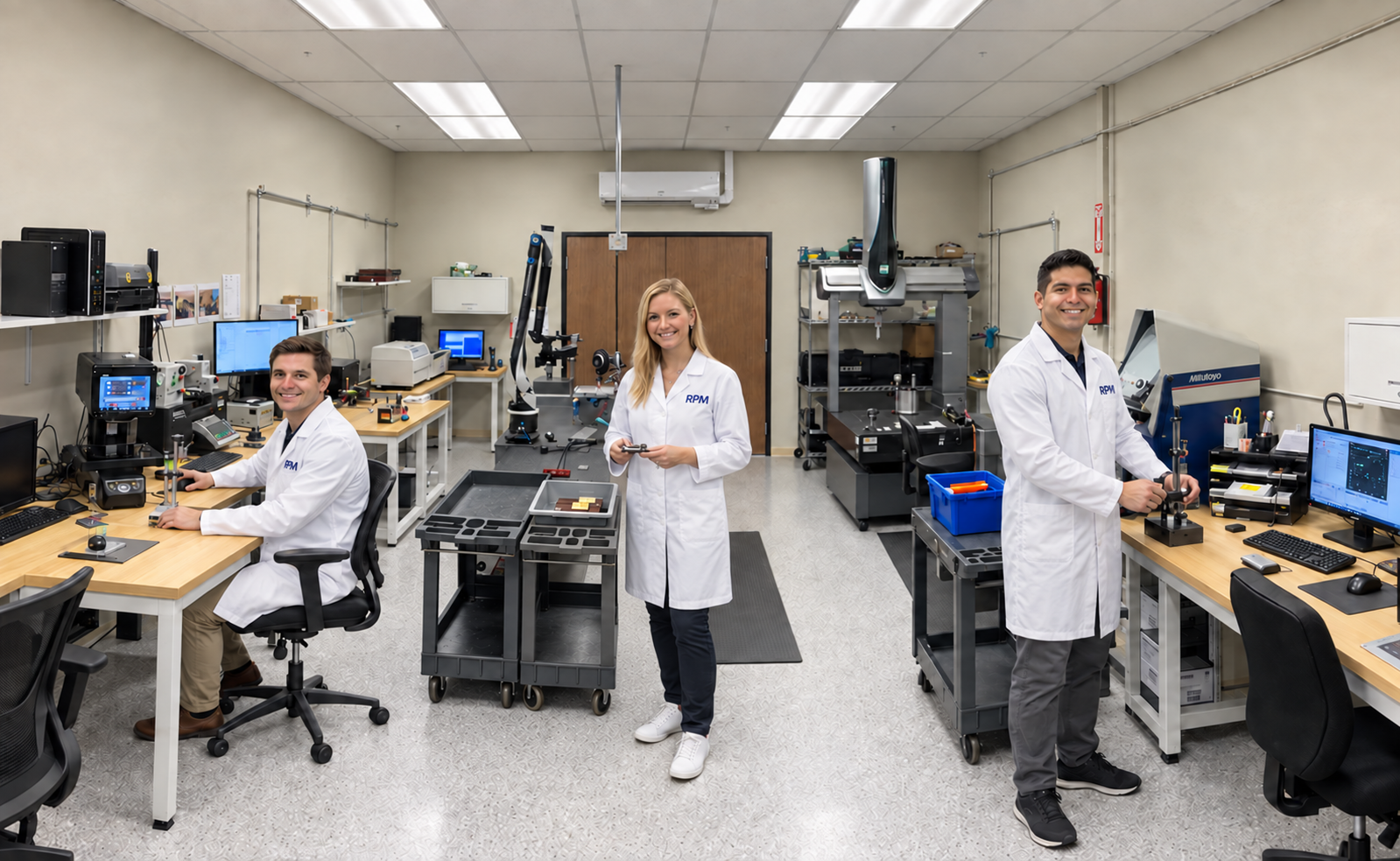 Full RPM calibration laboratory with three operators in white RPM lab coats