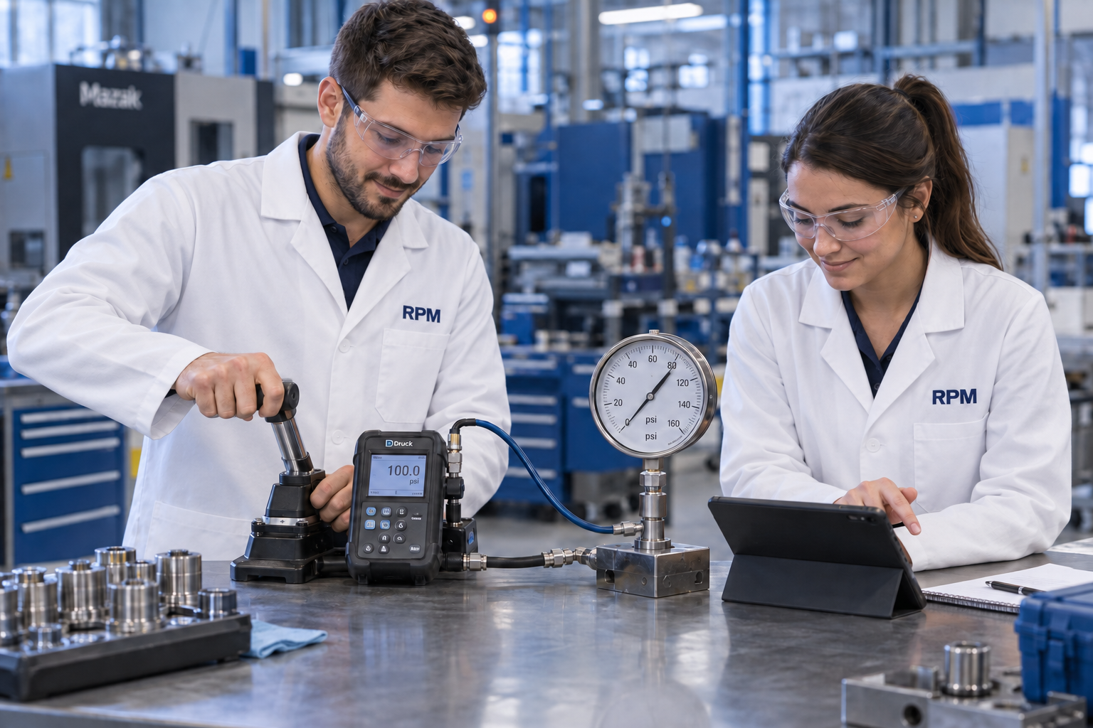RPM-shirted operators calibrating a pressure gauge with portable reference equipment at a customer facility